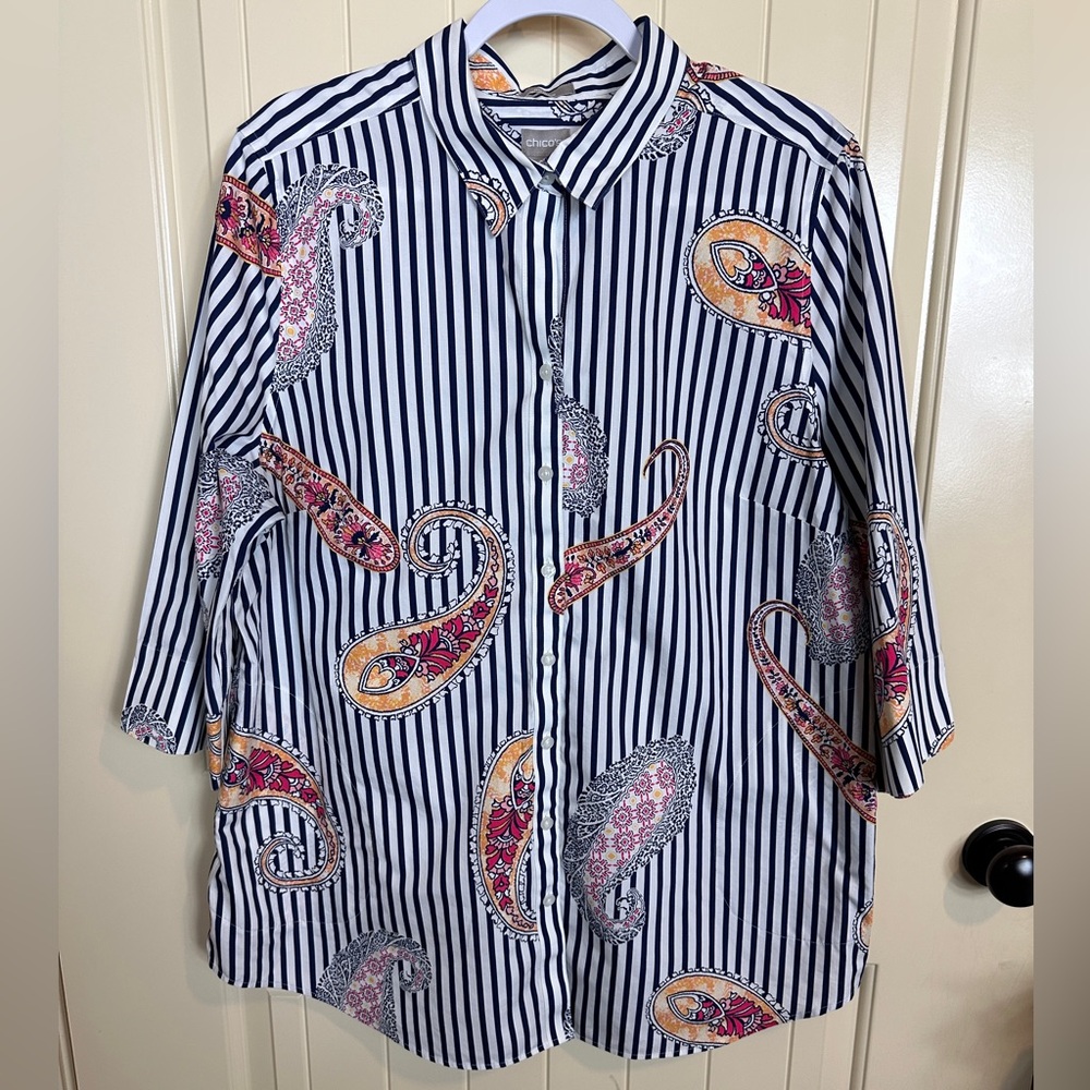 Chicos No-Iron cotton 3/4 slv button up shirt‎ stripes paisley sz 3 L 16-18 GUC